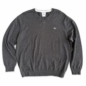 Lacoste 100% Cotton V-Neck Sweater Men’s Size 6 (XL) Gray Long Sleeve Classic